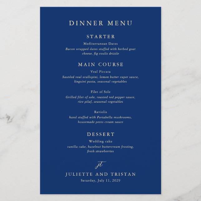 Classic Navy and Cream Elegant Wedding Menu Flyer (Front)