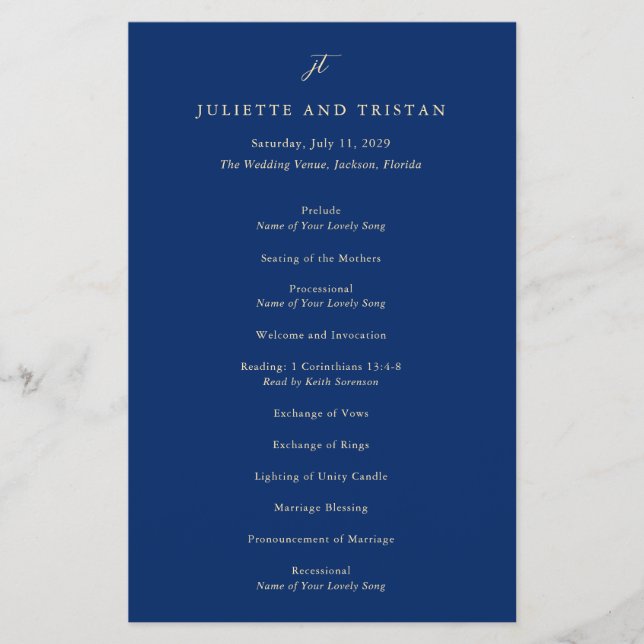 Classic Navy and Cream Elegant Wedding Program Flyer (Front)