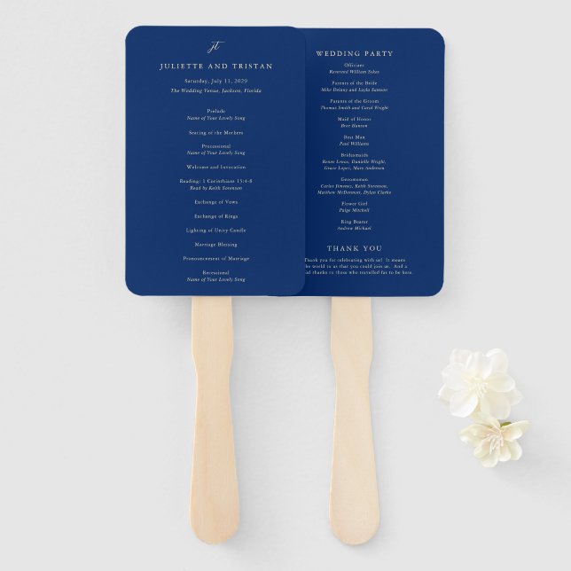 Classic Navy and Cream Elegant Wedding Program Hand Fan (Front and Back)