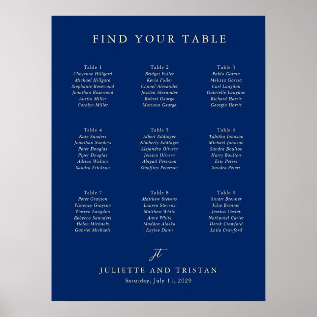 Classic Navy and Cream Wedding Seating Chart (Front)