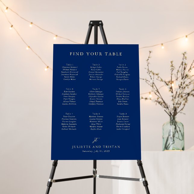 Classic Navy and Cream Wedding Seating Chart Foam Board (In Situ (Stand))