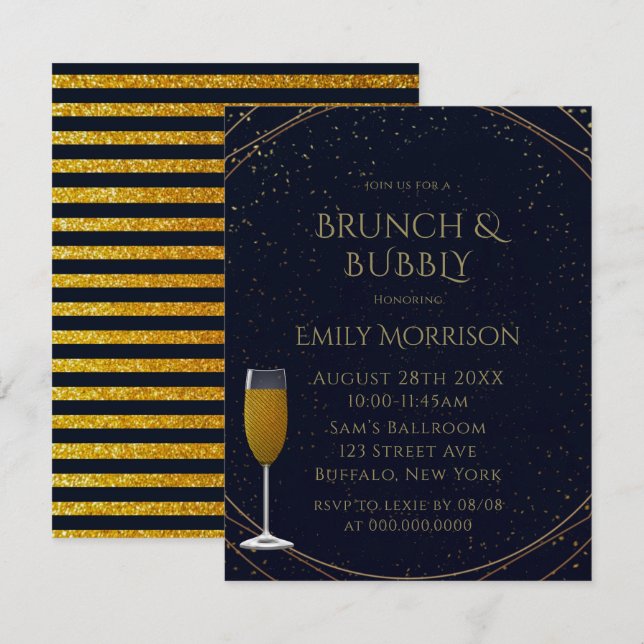 Classic Navy and Gold Brunch and Bubbly Invitation (Front/Back)