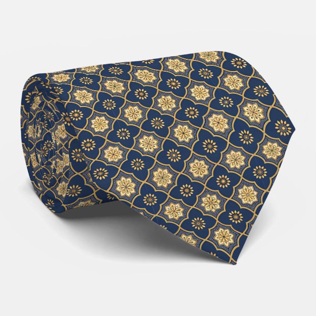 Classic Navy and Gold Tile Pattern Neck Tie (Rolled)