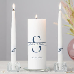Classic Navy and White Wedding Monogram Ceremony Unity Candle Set