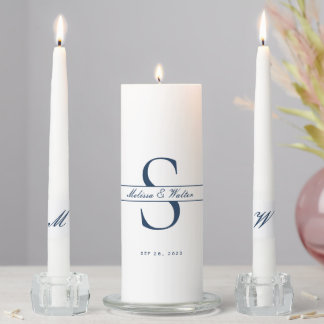 Classic Navy and White Wedding Monogram Ceremony Unity Candle Set