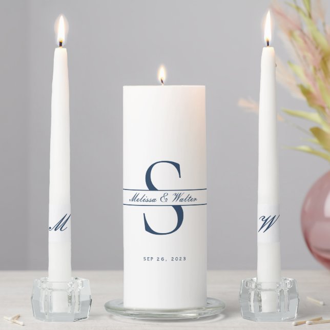 Classic Navy and White Wedding Monogram Ceremony Unity Candle Set (In Situ)