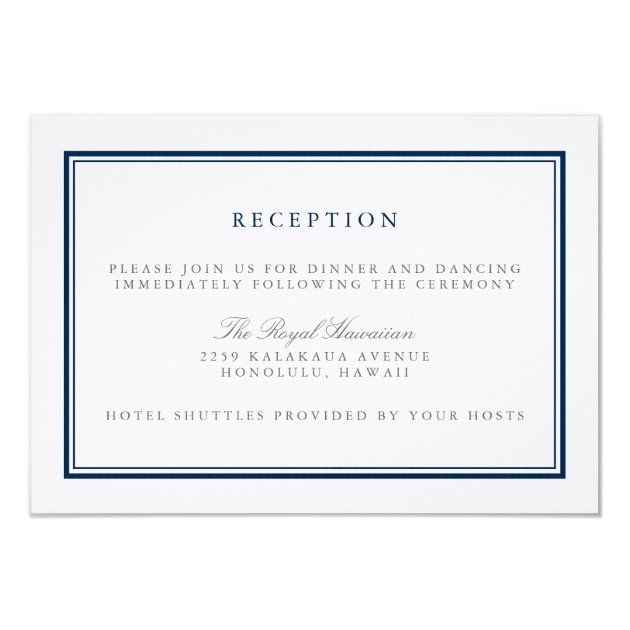 Classic Navy And White Wedding Reception Card