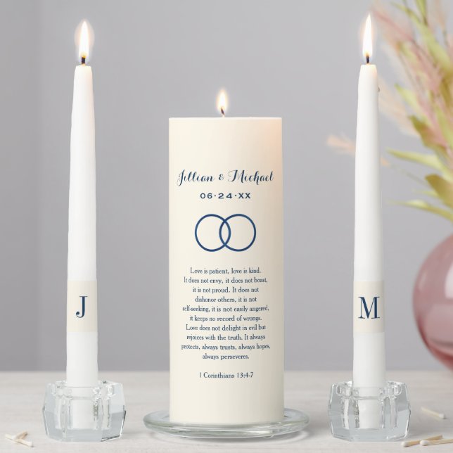 Classic Navy Bible Verse Monogram Unity Candle Set (In Situ)