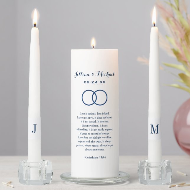 Classic Navy Bible Verse Monogram Unity Candle Set (In Situ)