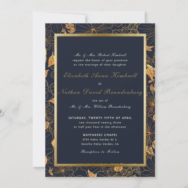 Classic Navy Blue and Gold Floral Wedding Invitati Invitation (Front)