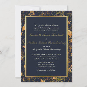 Classic Navy Blue and Gold Floral Wedding Invitati Invitation