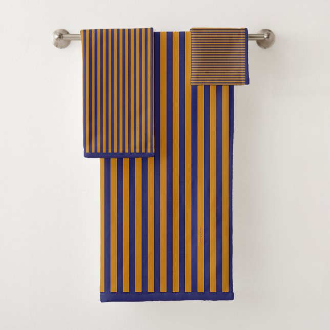 CLASSIC NAVY BLUE AND GOLD STRIPES BATH TOWEL SET (Insitu)
