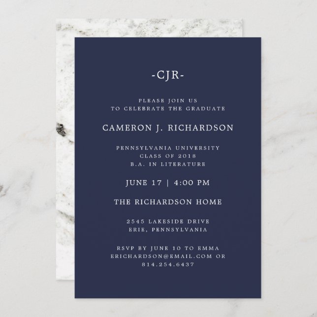 Classic Navy Blue and Marble | Graduation Party Invitation (Front/Back)