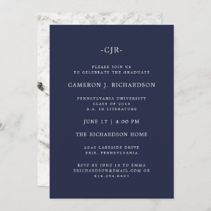 Classic Navy Blue and Marble Graduation Party Invitation