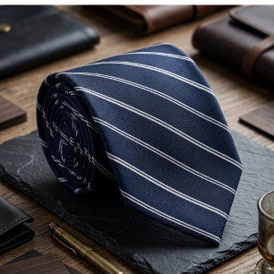 Classic Navy Blue and White Executive Pinstripe Neck Tie