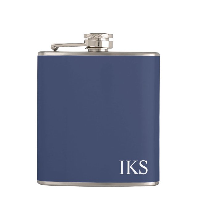 Classic Navy Blue and White Monogram Stylish  Flask (Front)