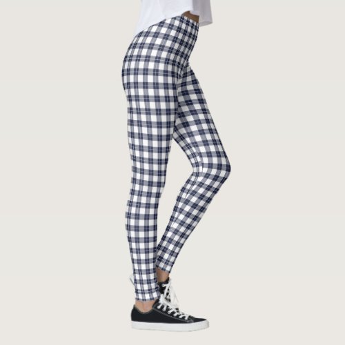 Classic Navy Blue and White Plaid Pattern Leggings