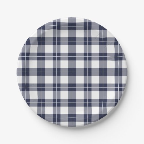 Classic Navy Blue and White Plaid Pattern Paper Plates
