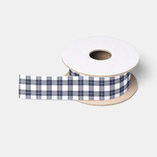 Classic Navy Blue and White Plaid Pattern Satin Ribbon