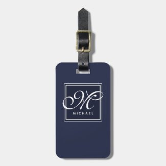 Classic Navy Blue and White Script Monogram Luggage Tag