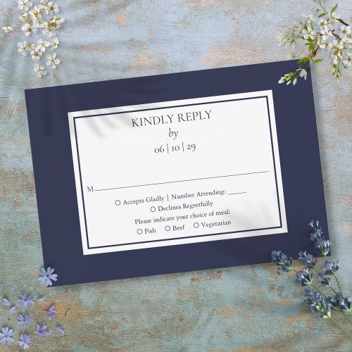 Classic Navy Blue And White Simple Wedding RSVP Card