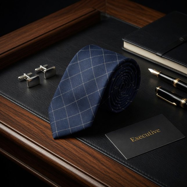 Classic Navy Blue and White Windowpane Check  Neck Tie (Creator Uploaded)