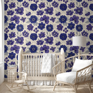Classic Navy Blue Anemone Seamless Floral Wallpaper