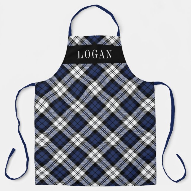 Classic Navy Blue Black Watch Plaid Monogram Apron (Front)