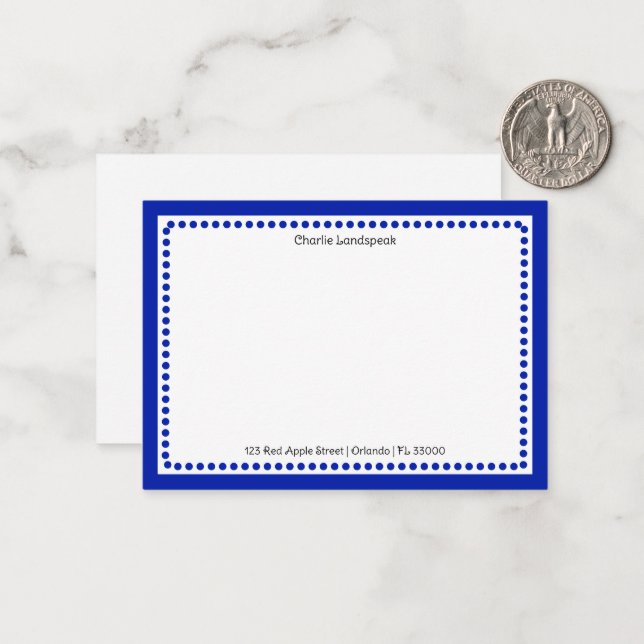 Classic Navy Blue Border & Dots Monogrammed  Note Card (Front/Back In Situ)