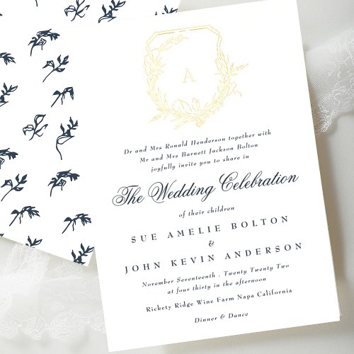 classic navy blue botanical gold monogram crest foil invitation