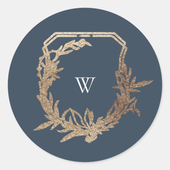 classic navy blue botanical motif monogram crest round sticker (Front)