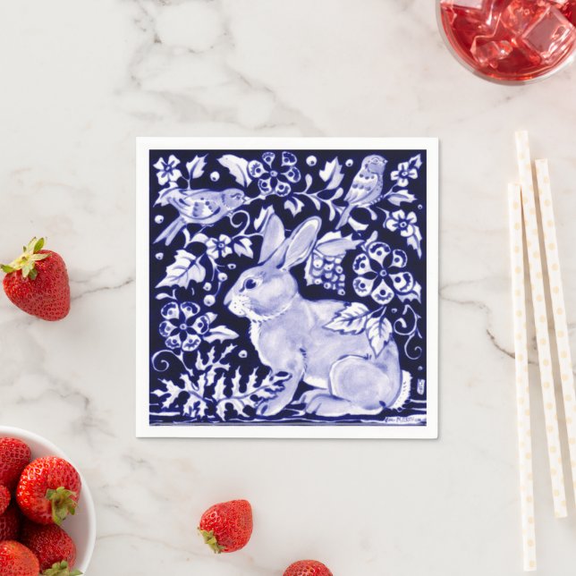 Classic Navy Blue Bunny Rabbit Birds Dedham Delft Napkins (Insitu)