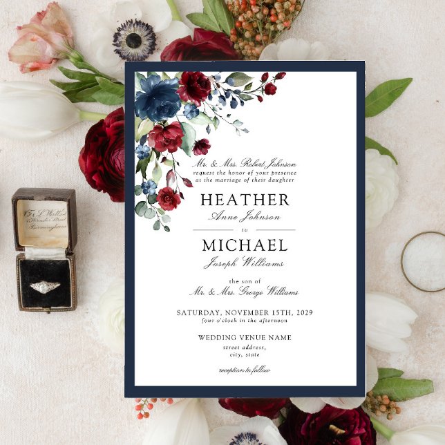 Classic Navy Blue Burgundy Floral Watercolor Invitation (Creator Uploaded)