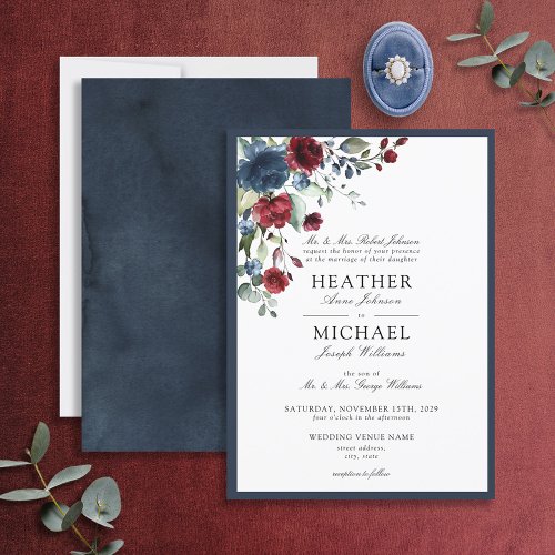 Classic Navy Blue Burgundy Floral Watercolor Invitation
