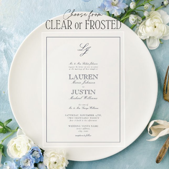 Classic Navy Blue Calligraphy Monogram Wedding Acrylic Invitations (Creator Uploaded)