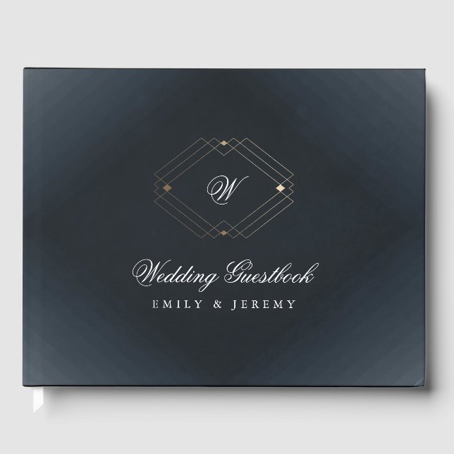 Classic Navy Blue Calligraphy Monogram Wedding Guest Book (Front)