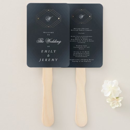 Classic Navy Blue Calligraphy Monogram Wedding Hand Fan