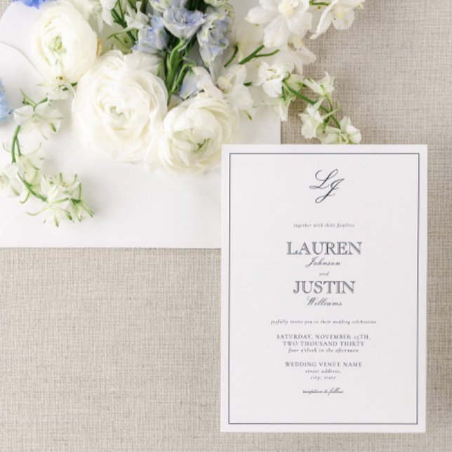 Classic Navy Blue Calligraphy Monogram Wedding Invitation (Creator Uploaded)