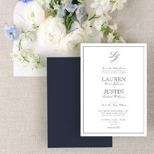 Classic Navy Blue Calligraphy Monogram Wedding Invitation