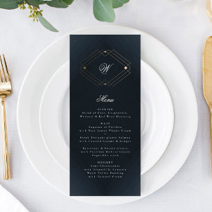 Classic Navy Blue Calligraphy Monogram Wedding Menu
