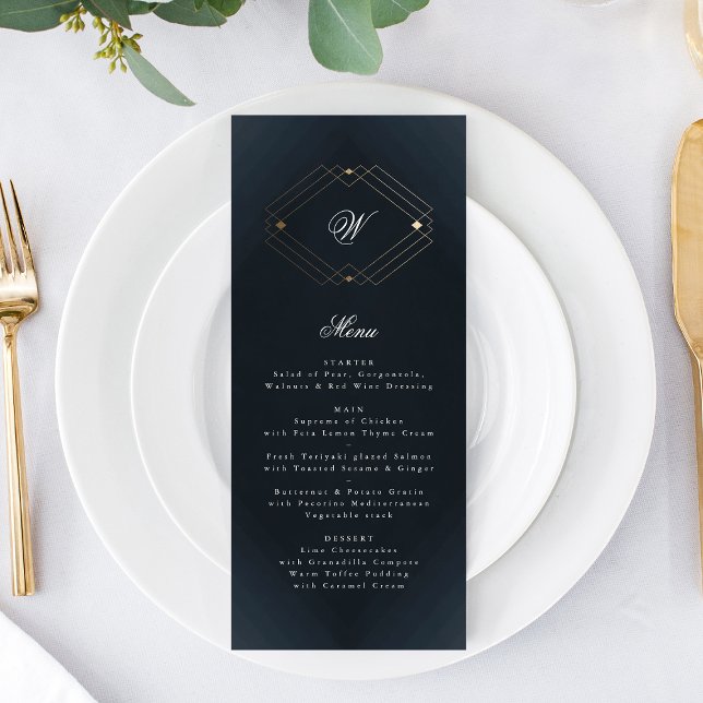 Classic Navy Blue Calligraphy Monogram Wedding Menu (Creator Uploaded)