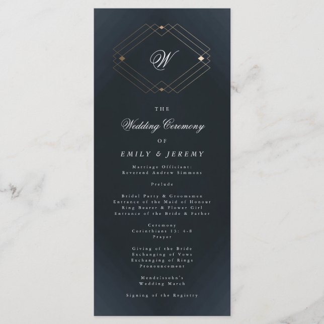 Classic Navy Blue Calligraphy Monogram Wedding Program (Front)