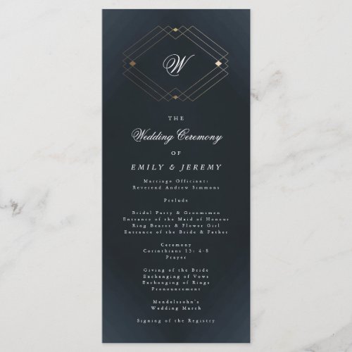 Classic Navy Blue Calligraphy Monogram Wedding Program