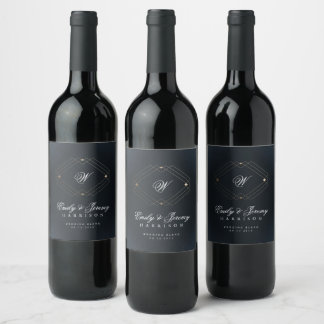 Classic Navy Blue Calligraphy Monogram Wedding Wine Label