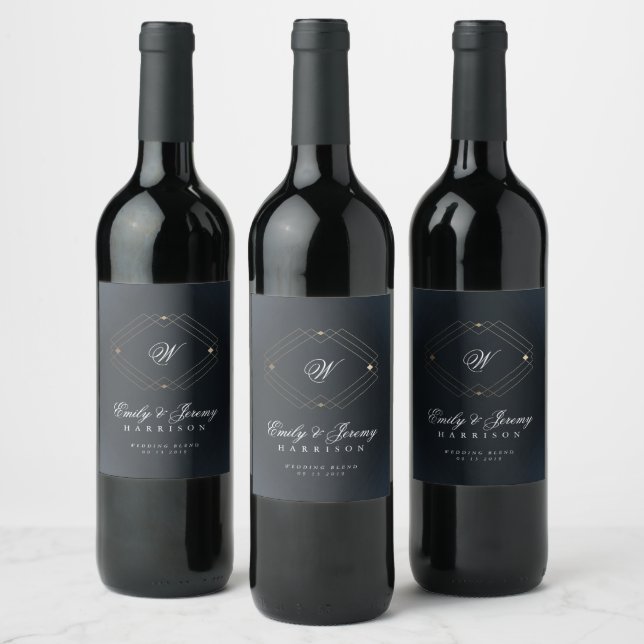 Classic Navy Blue Calligraphy Monogram Wedding Wine Label (Bottles)