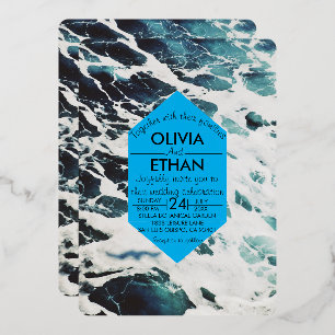 Classic navy blue coastal Wedding Foil Invitation