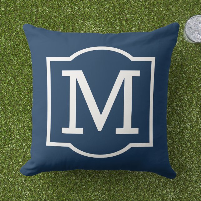Classic Navy Blue Custom Monogram Letter Outdoor Pillow (Grass)
