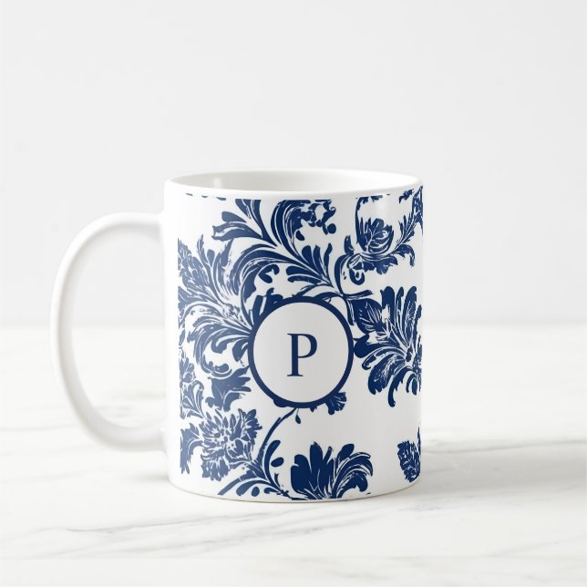 Classic Navy Blue Damask Pattern Coffee Mug (Left)