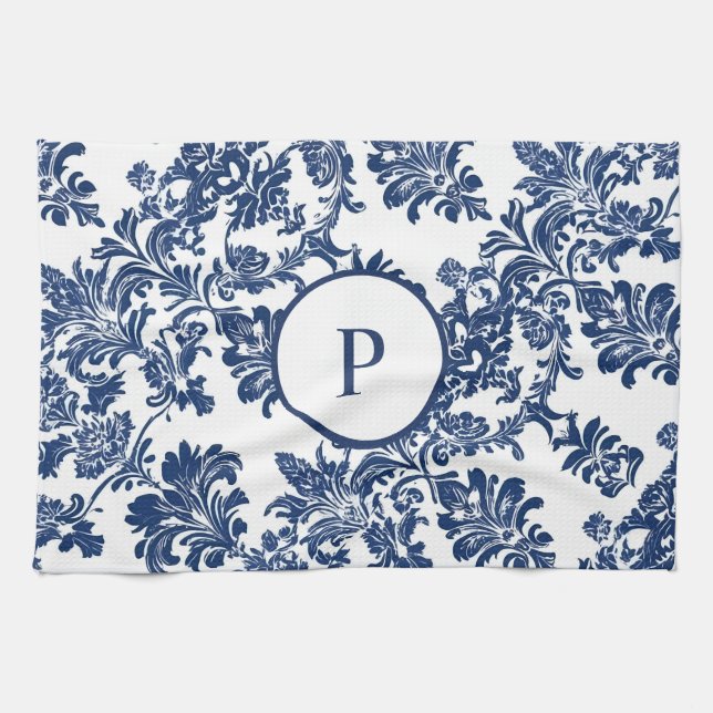 Classic Navy Blue Damask Pattern Kitchen Towel (Horizontal)
