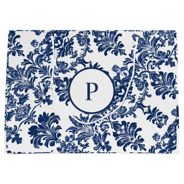 Classic Navy Blue Damask Pattern Large Gift Bag (Front)